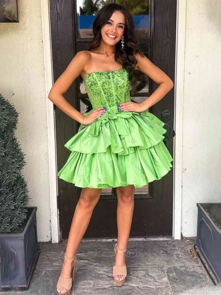Lime Green Strapless Beaded Corset Tiered Ruffle Homecoming Dresses