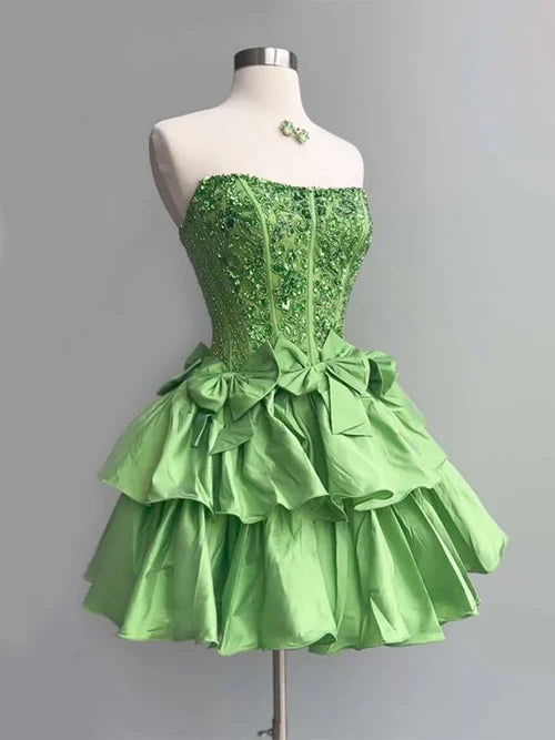 Lime Green Strapless Beaded Corset Tiered Ruffle Homecoming Dresses