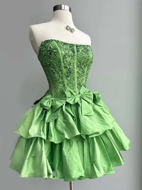 Lime Green Strapless Beaded Corset Tiered Ruffle Homecoming Dresses