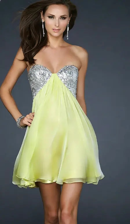 Lime Green Strapless Sequin Bodice Chiffon A Line Mini Evening Dresses