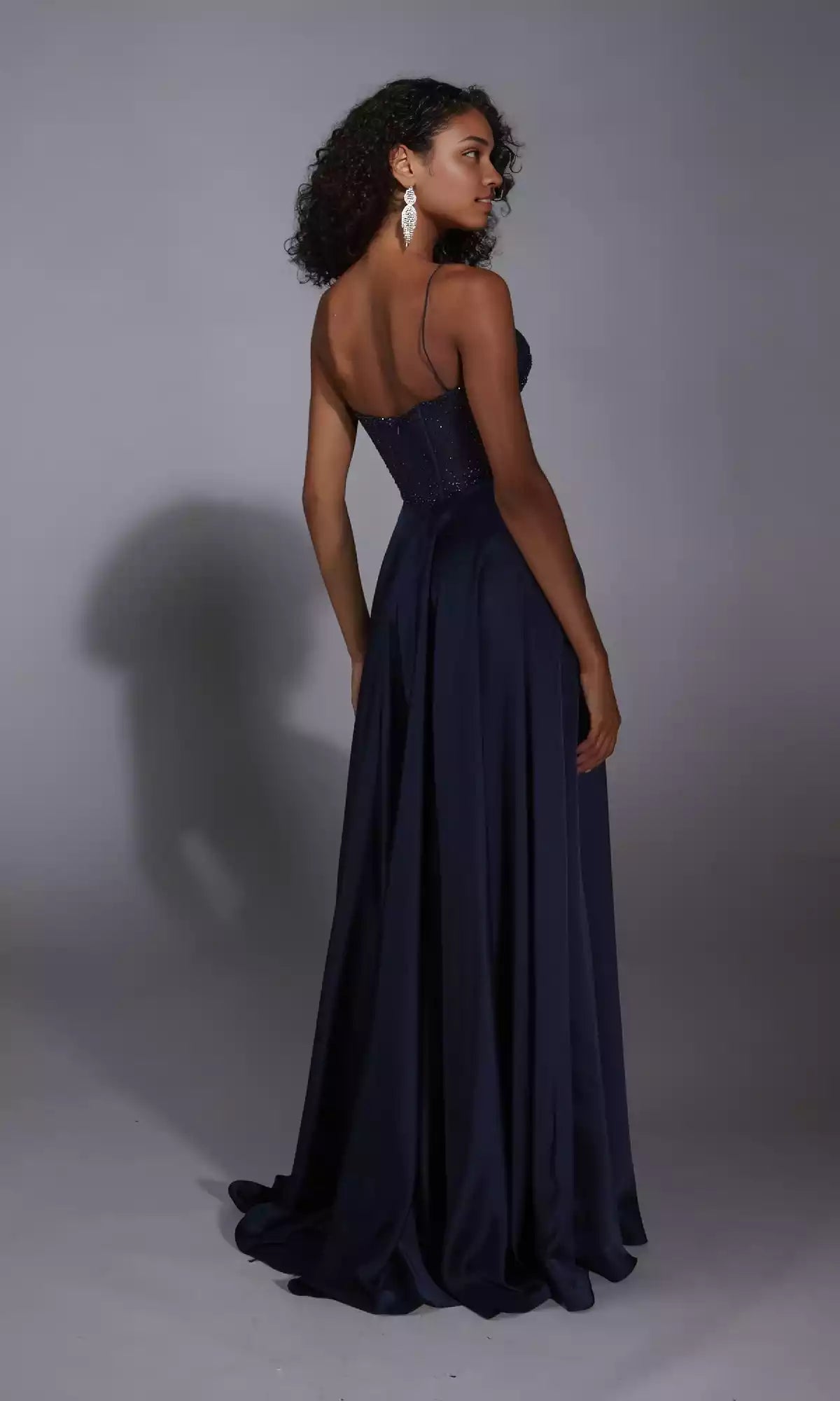 Long A-line transparent tight corset with full charm, featuring thin shoulder straps and slit design Prom Dresses