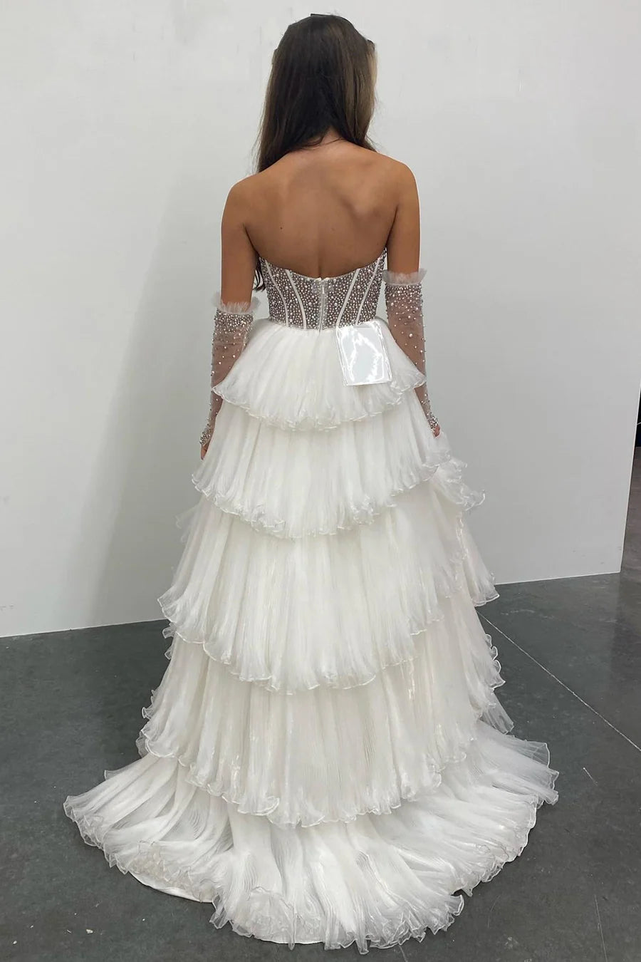 White Beaded Sweetheart Tiered Long Gown with Detachable Sleeves