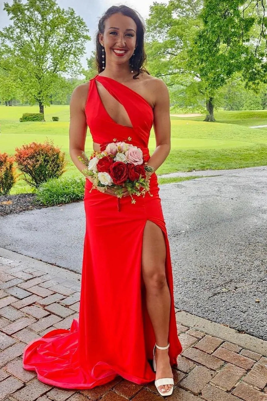 One-Shoulder  Keyhole Mermaid Long Prom Dress with Slit ﻿