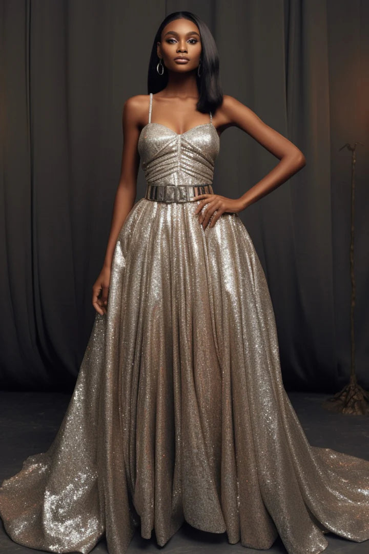 Silver long sequin ball gown with thin suspenders