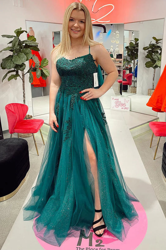 Long slit ball dress with floral pattern and exposed back
