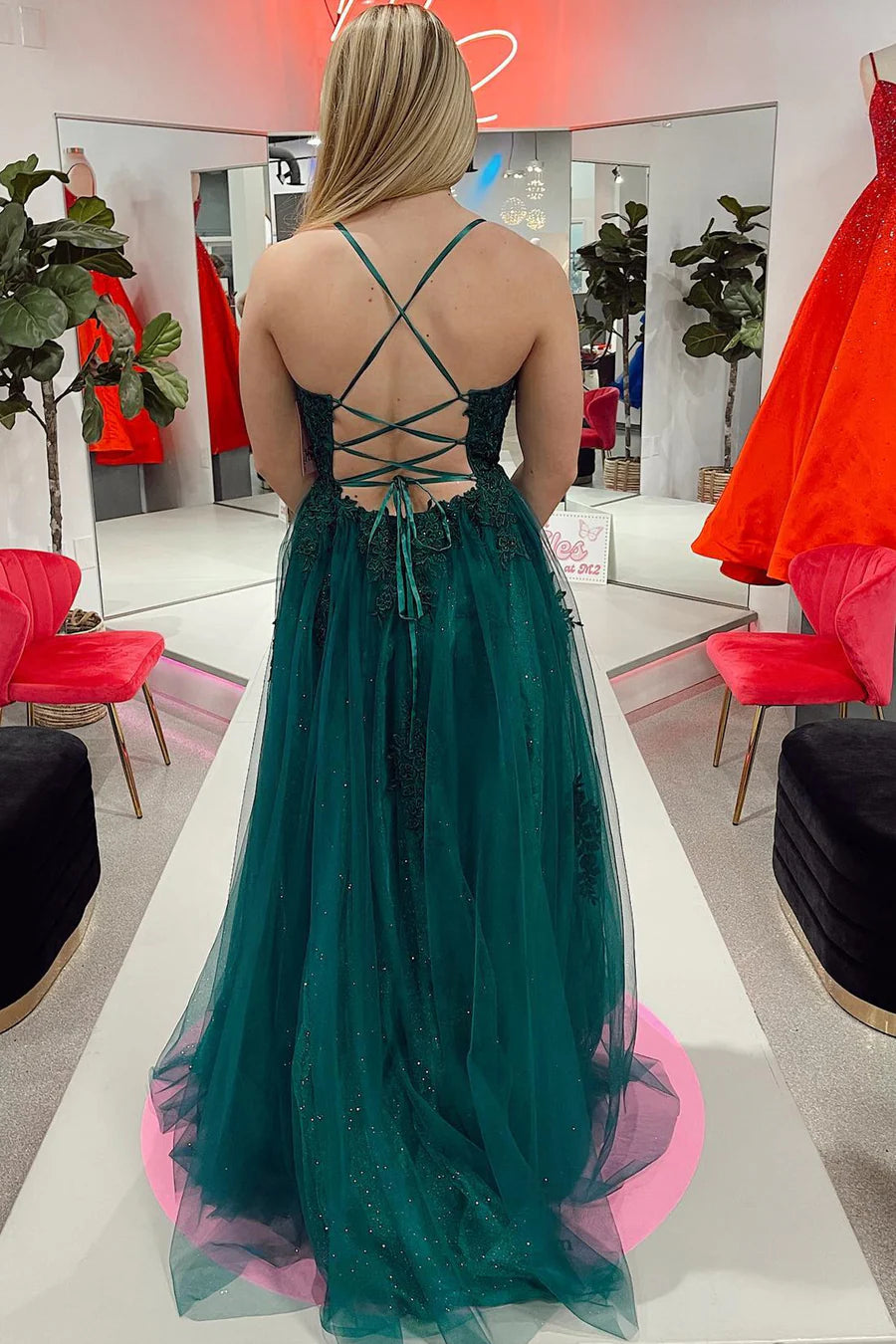 Long slit ball dress with floral pattern and exposed back