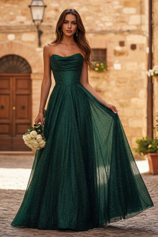 Luminous Ballgown Cowl-Neck Strapless Lace-Up-Back Glitter Floor-Length Prom Dresses