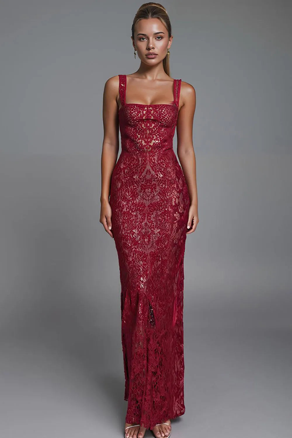 Luxe Dark Red Sheath Square Neck Sleeveless Open-Back Lace Floor-Length Evening Dresses