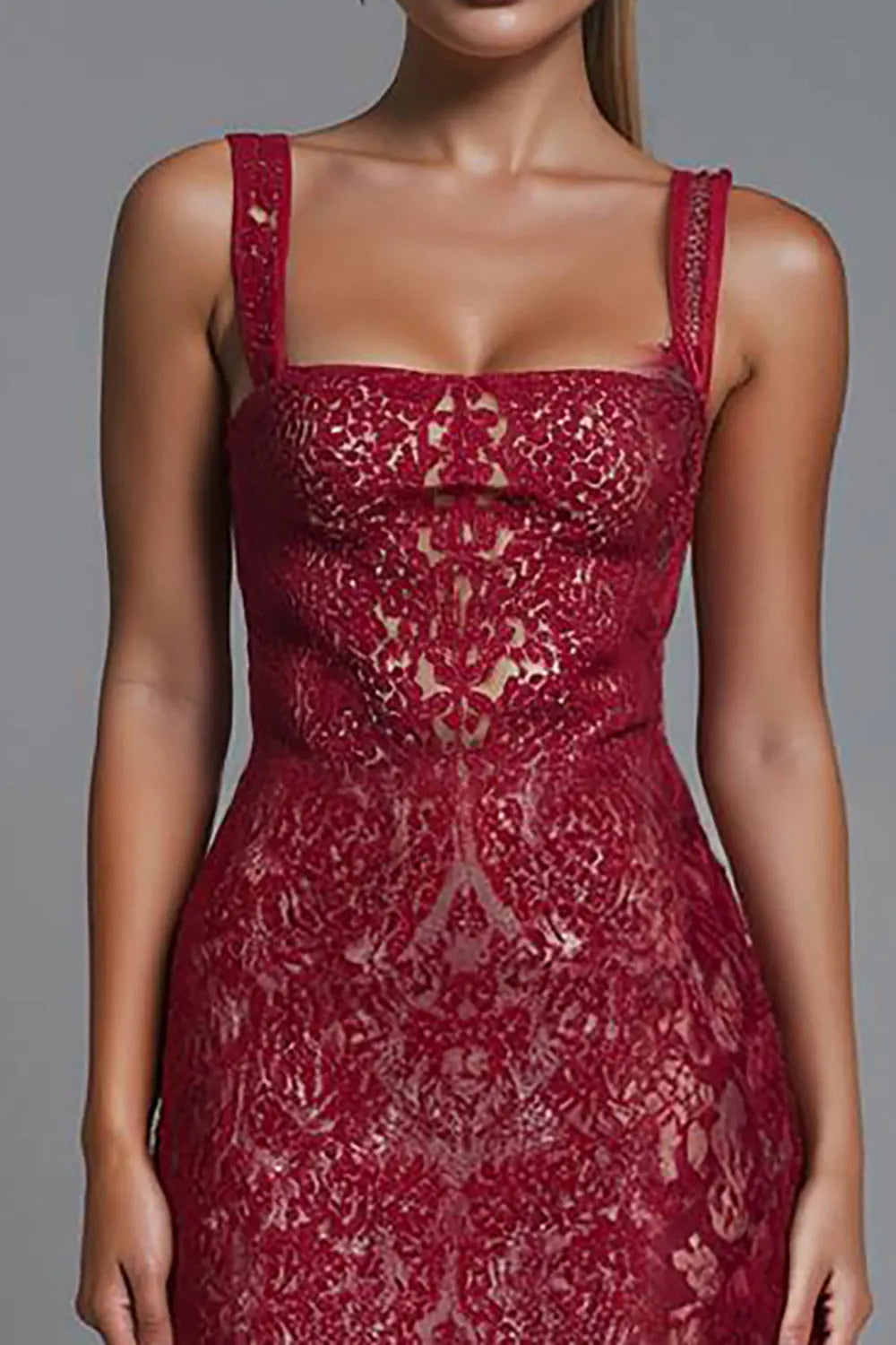 Luxe Dark Red Sheath Square Neck Sleeveless Open-Back Lace Floor-Length Evening Dresses