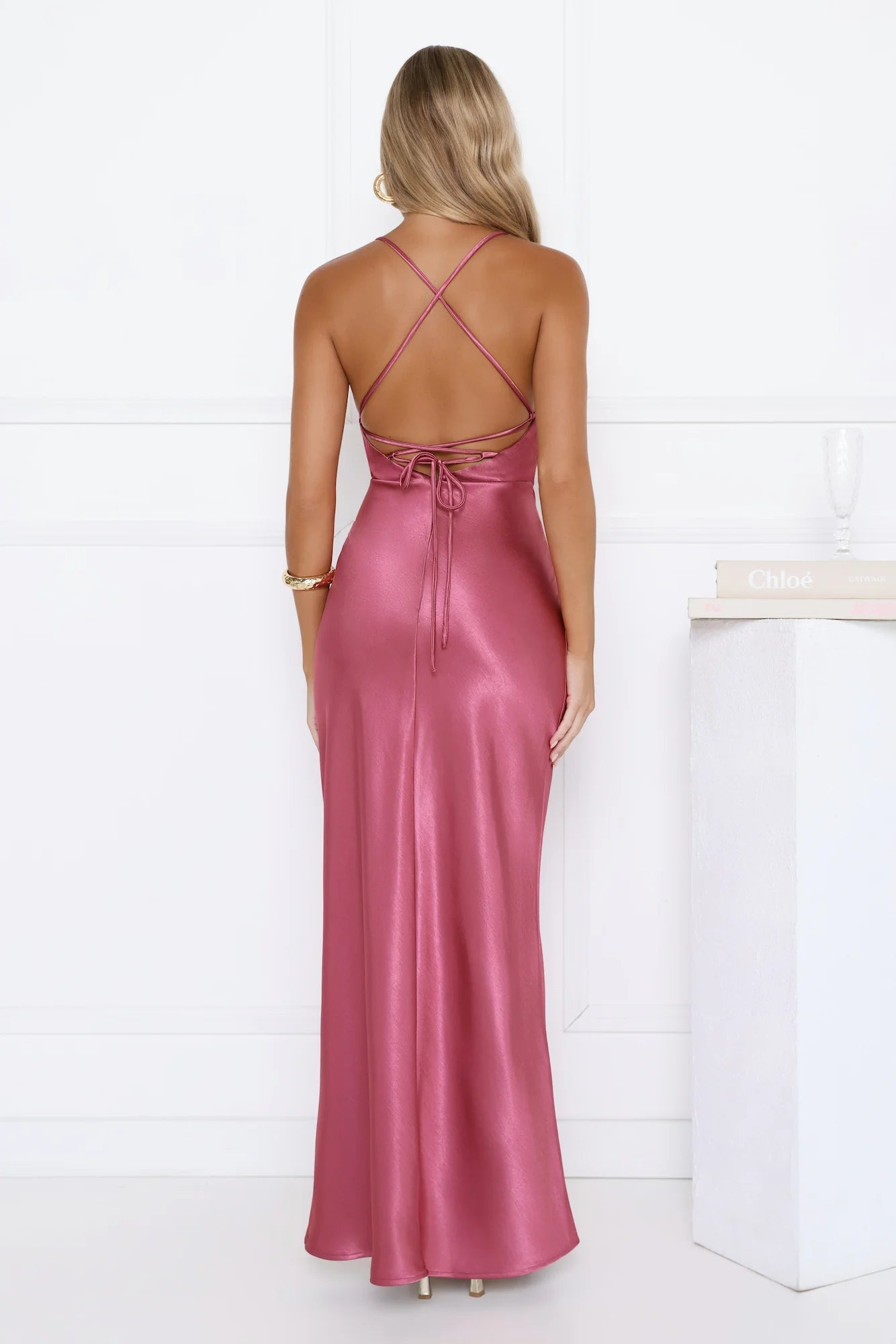 Luxe Dusty Rose Satin Maxi Dress with Eyelash Lace Trim, Twisted Front Bust, Crisscross Open Back and Lace-Up Tie Closure