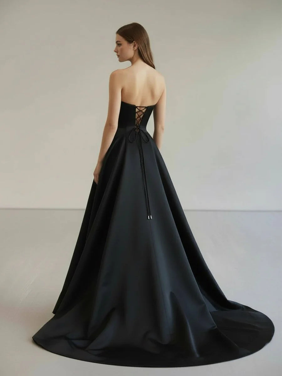 Luxurious Black Satin Strapless Square Neckline Structured Corset Bodice 3D Floral Waist Applique High-Slit A-Line Silhouette Crisscross Lace-Up Back Sweeping Train Evening Dress