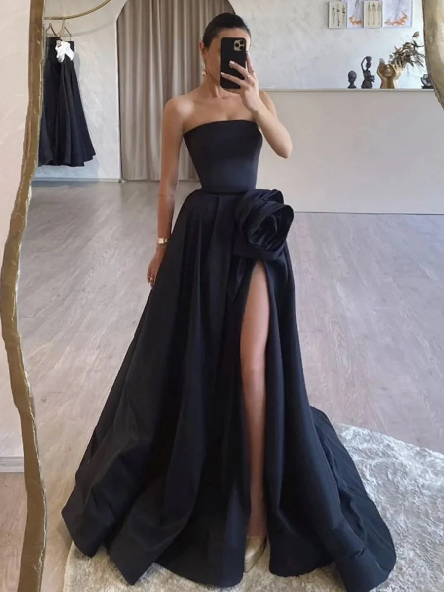 Luxurious Black Satin Strapless Square Neckline Structured Corset Bodice 3D Floral Waist Applique High-Slit A-Line Silhouette Crisscross Lace-Up Back Sweeping Train Evening Dress