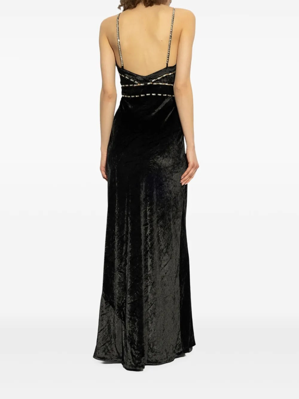 Luxurious Black Velvet Crystal-Embellished Spaghetti-Strap Evening Dress