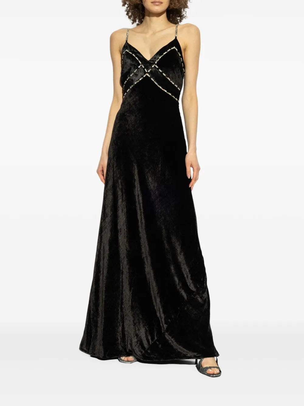 Luxurious Black Velvet Crystal-Embellished Spaghetti-Strap Evening Dress