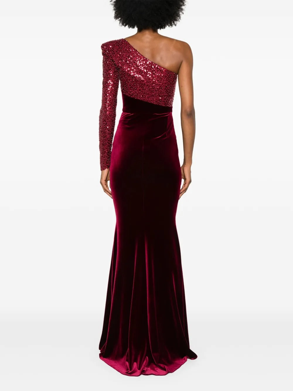 Luxurious Burgundy Velvet One-Shoulder Sequin Evening Dress