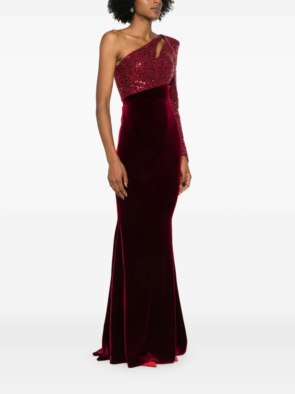 Luxurious Burgundy Velvet One-Shoulder Sequin Evening Dress