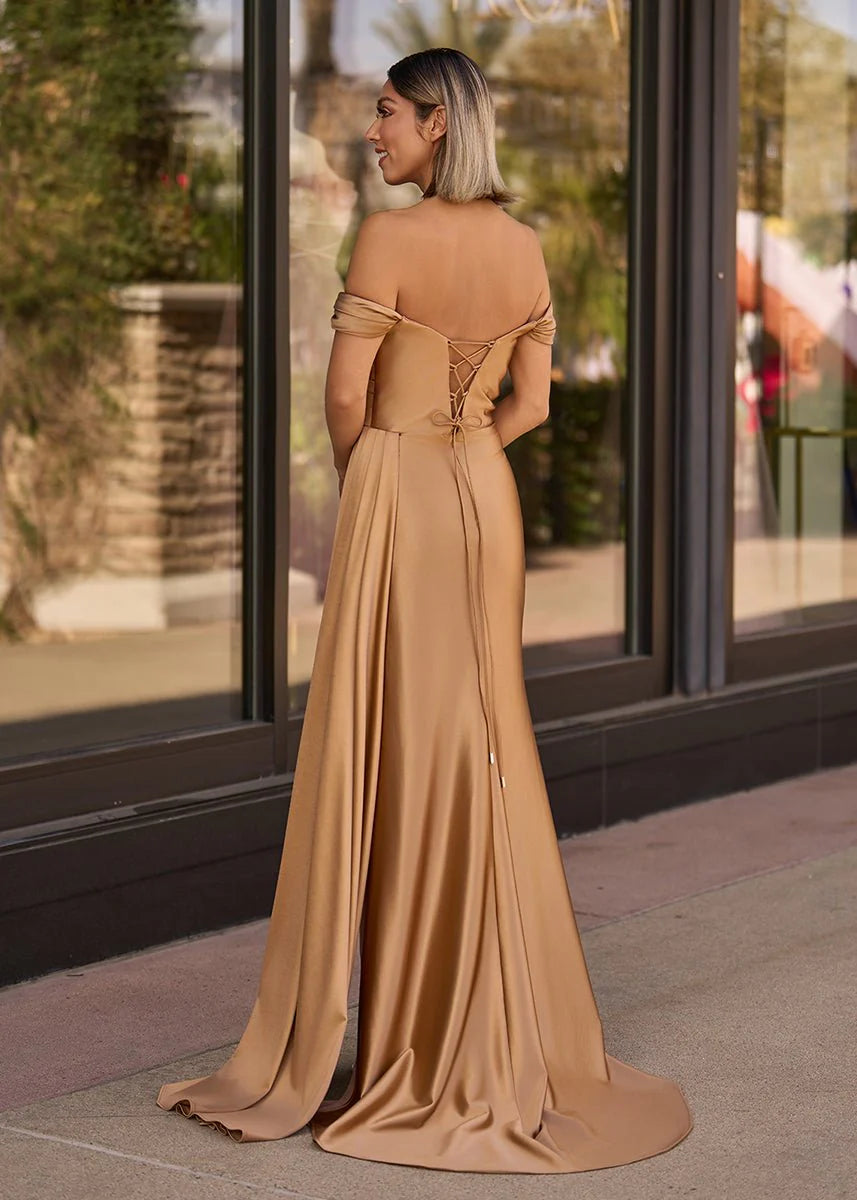 Luxurious Champagne Satin Off-The-Shoulder Rhinestone Sweetheart Neckline Ruched Waist High-Slit Mermaid Silhouette Lace-Up Back Train Prom Dress