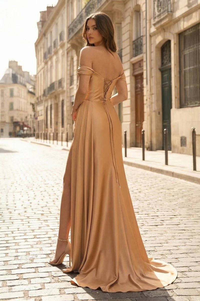 Luxurious Champagne Satin Off-The-Shoulder Rhinestone Sweetheart Neckline Ruched Waist High-Slit Mermaid Silhouette Lace-Up Back Train Prom Dress