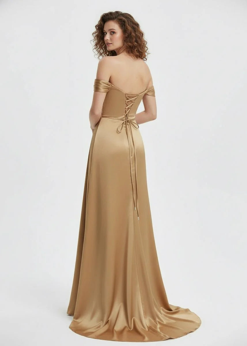 Luxurious Champagne Satin Off-The-Shoulder Rhinestone Sweetheart Neckline Ruched Waist High-Slit Mermaid Silhouette Lace-Up Back Train Prom Dress