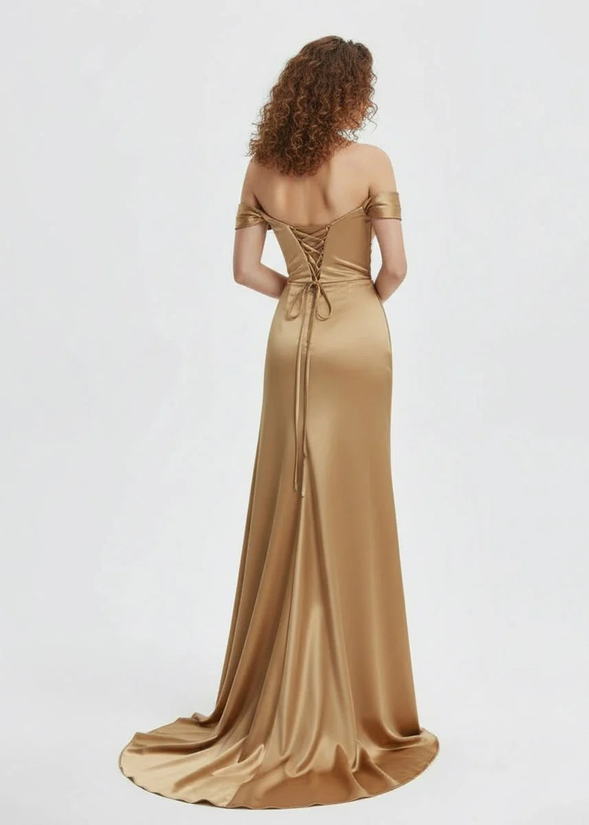 Luxurious Champagne Satin Off-The-Shoulder Rhinestone Sweetheart Neckline Ruched Waist High-Slit Mermaid Silhouette Lace-Up Back Train Prom Dress