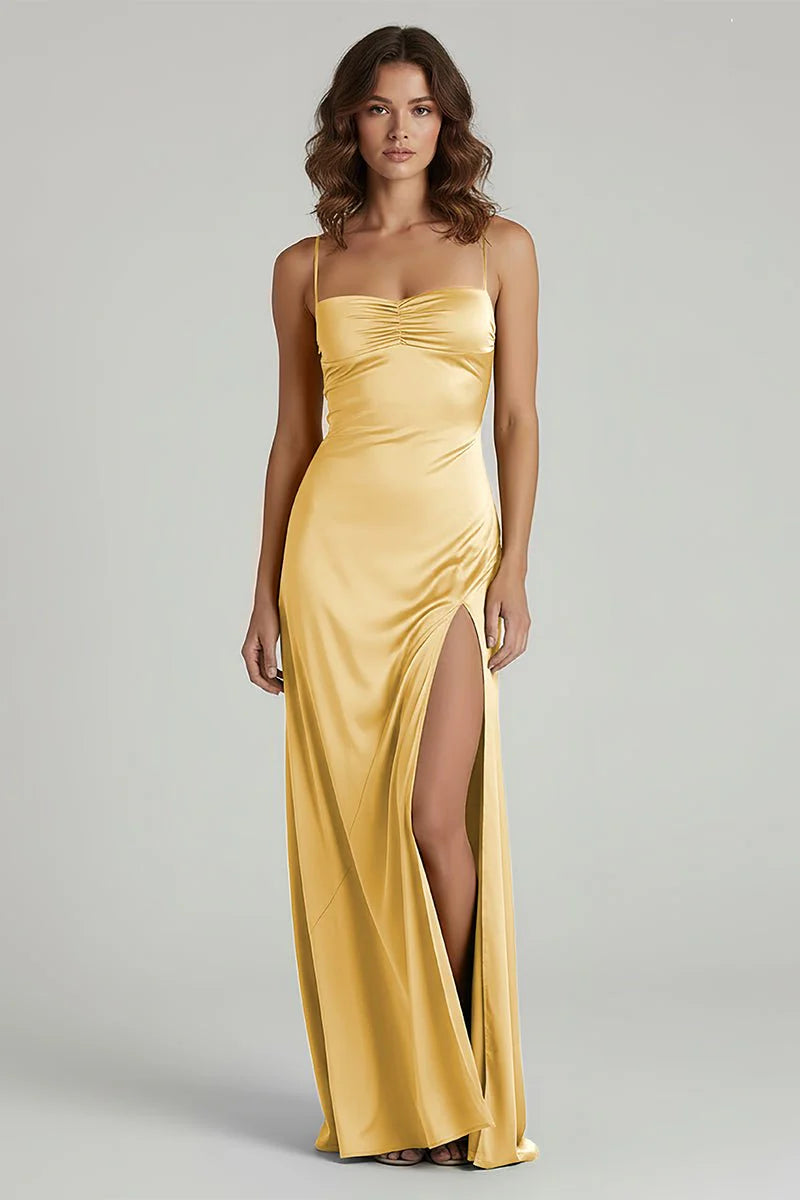 Luxurious Gaold Satin Spghetti-Strap Ruched Sweetheart Neckline High-Slit Sheath Silhouette V-Back Floor-Length Prom Dress