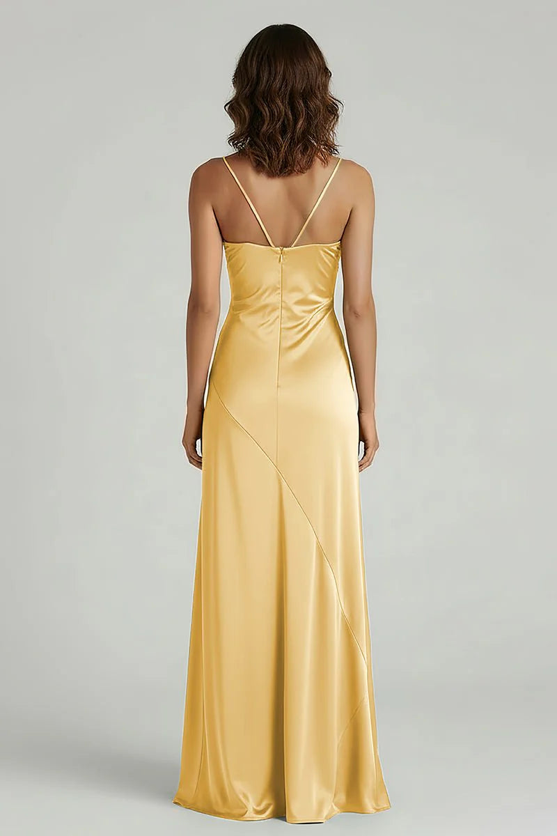 Luxurious Gaold Satin Spghetti-Strap Ruched Sweetheart Neckline High-Slit Sheath Silhouette V-Back Floor-Length Prom Dress