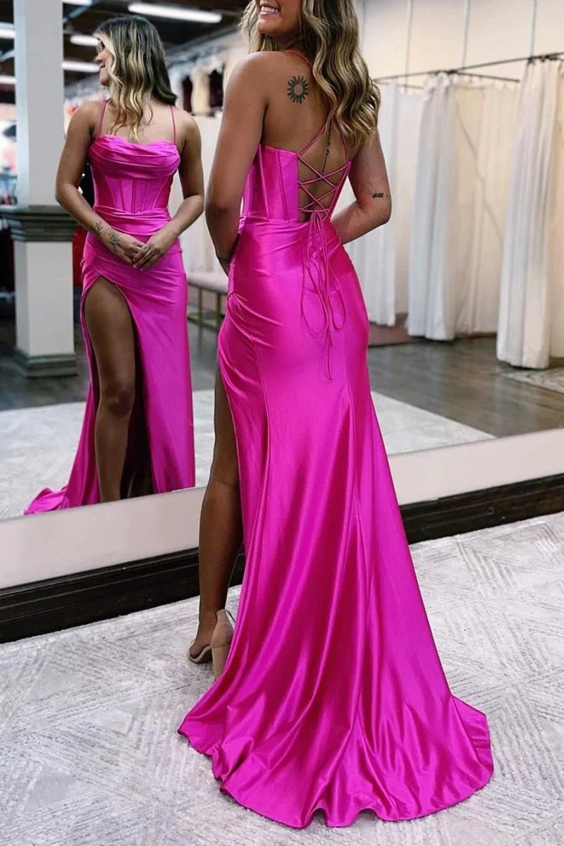 Luxurious Hot Pink Glossy Satin Spaghetti-Strap Cowl Neck Structured Corset Bodice Ruched Waist Thigh-High Slit Crisscross Lace-Up Back Figure-Hugging Mermaid Silhouette Sweeping Train Evening Dress