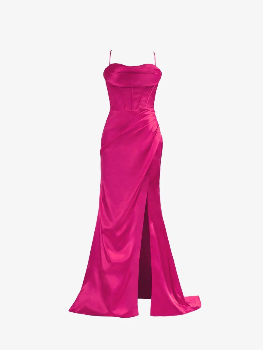 Luxurious Hot Pink Glossy Satin Spaghetti-Strap Cowl Neck Structured Corset Bodice Ruched Waist Thigh-High Slit Crisscross Lace-Up Back Figure-Hugging Mermaid Silhouette Sweeping Train Evening Dress