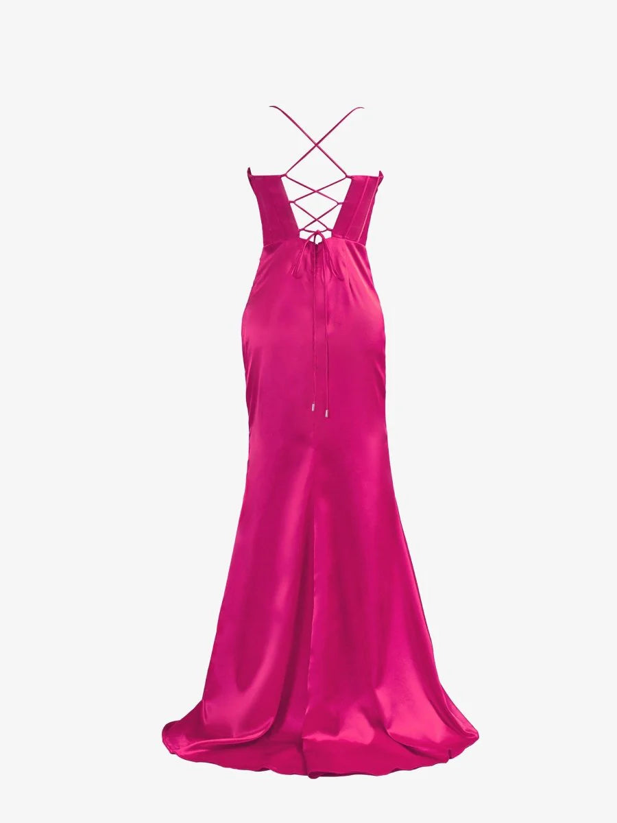 Luxurious Hot Pink Glossy Satin Spaghetti-Strap Cowl Neck Structured Corset Bodice Ruched Waist Thigh-High Slit Crisscross Lace-Up Back Figure-Hugging Mermaid Silhouette Sweeping Train Evening Dress