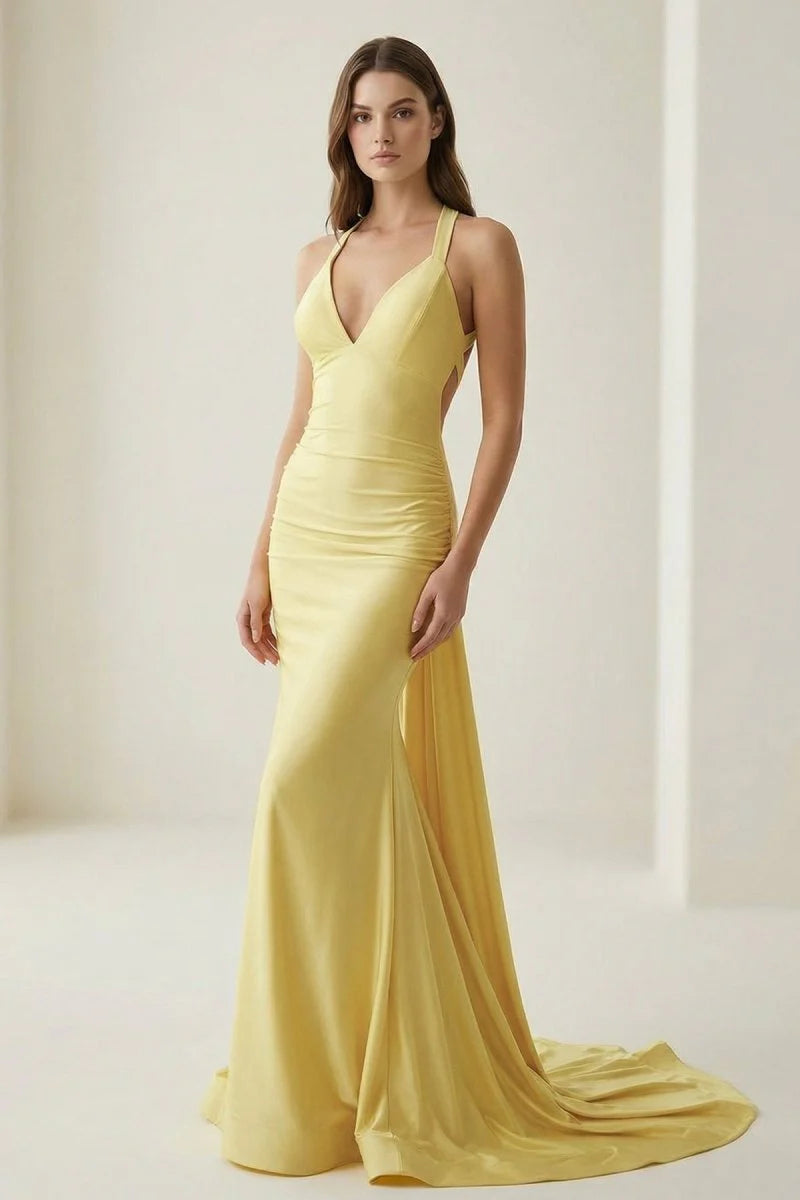 Luxurious Lemon Yellow Stretch Satin Halter Deep V-Neck Crisscross Strappy Open Back Side Cut-Out Ruched Waist Figure-Hugging Mermaid Silhouette Sweeping Train Evening Dress