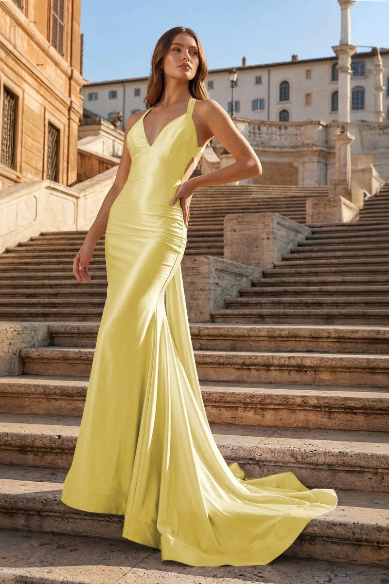 Luxurious Lemon Yellow Stretch Satin Halter Deep V-Neck Crisscross Strappy Open Back Side Cut-Out Ruched Waist Figure-Hugging Mermaid Silhouette Sweeping Train Evening Dress