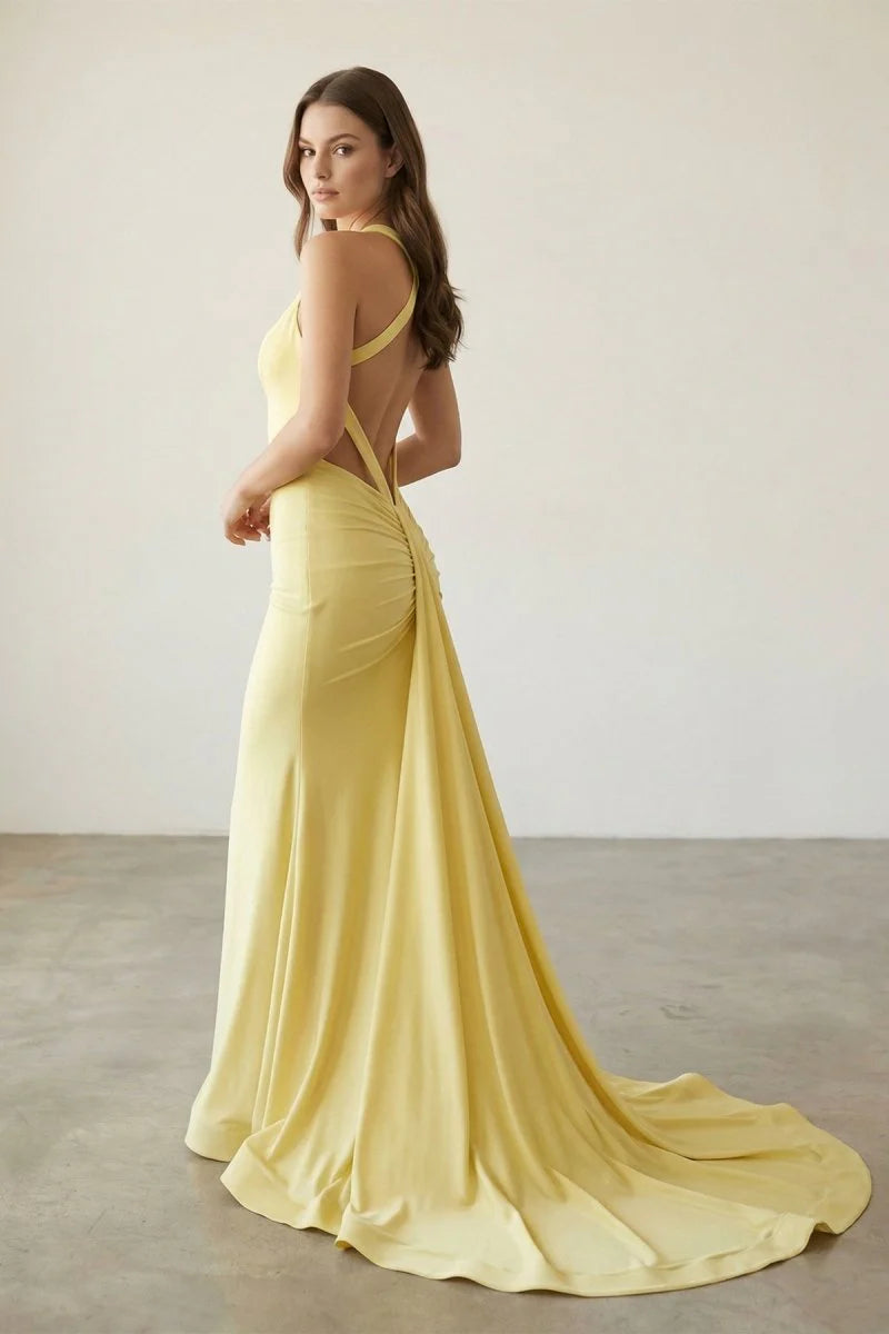 Luxurious Lemon Yellow Stretch Satin Halter Deep V-Neck Crisscross Strappy Open Back Side Cut-Out Ruched Waist Figure-Hugging Mermaid Silhouette Sweeping Train Evening Dress