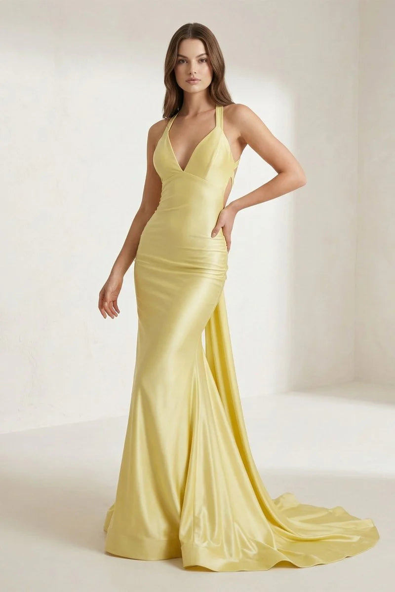 Luxurious Lemon Yellow Stretch Satin Halter Deep V-Neck Crisscross Strappy Open Back Side Cut-Out Ruched Waist Figure-Hugging Mermaid Silhouette Sweeping Train Evening Dress