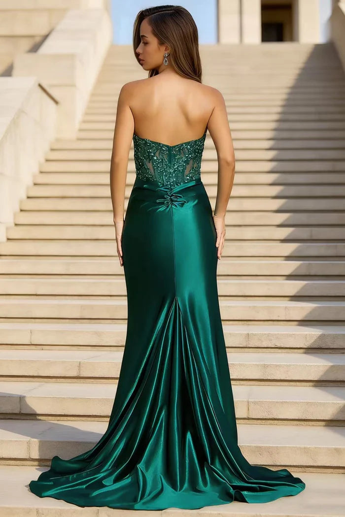 Luxurious Mermaid Sweetheart Strapless Open-Back Floor-Length Beaded Appliques Prom Dresses with High Side Slit