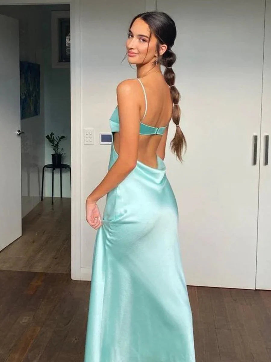 Luxurious Mint Green Glossy Satin Spaghetti-Strap Square Neckline Side Cut-Outs Cowl Back Detail Figure-Hugging Mermaid Silhouette Floor-Length Evening Dress