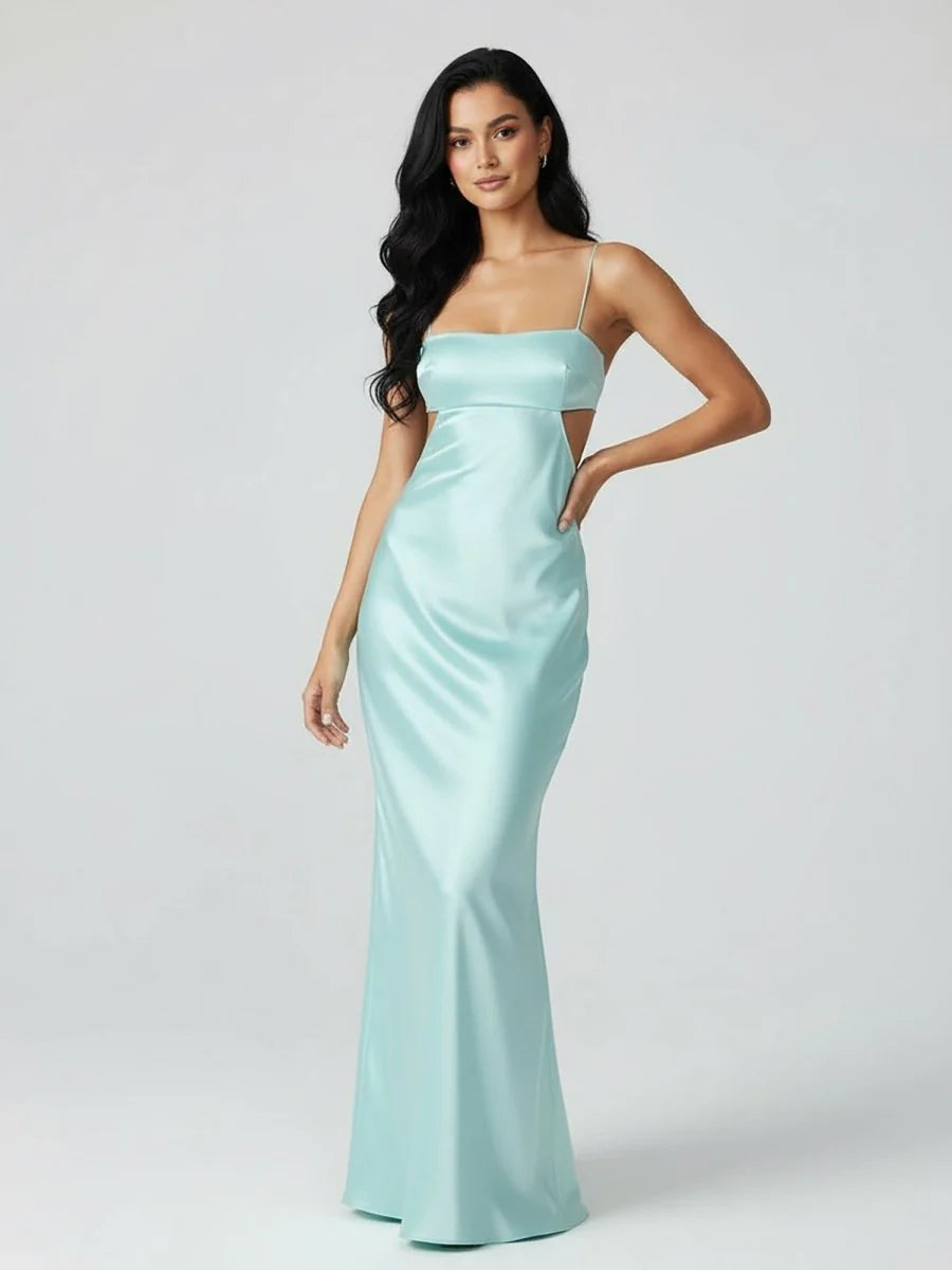 Luxurious Mint Green Glossy Satin Spaghetti-Strap Square Neckline Side Cut-Outs Cowl Back Detail Figure-Hugging Mermaid Silhouette Floor-Length Evening Dress