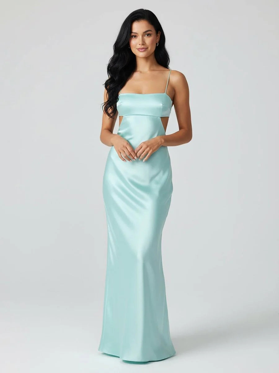 Luxurious Mint Green Glossy Satin Spaghetti-Strap Square Neckline Side Cut-Outs Cowl Back Detail Figure-Hugging Mermaid Silhouette Floor-Length Evening Dress