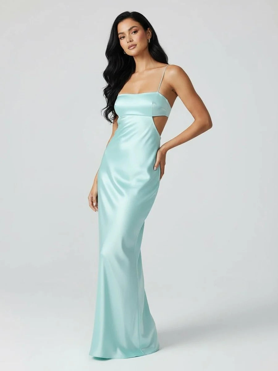 Luxurious Mint Green Glossy Satin Spaghetti-Strap Square Neckline Side Cut-Outs Cowl Back Detail Figure-Hugging Mermaid Silhouette Floor-Length Evening Dress