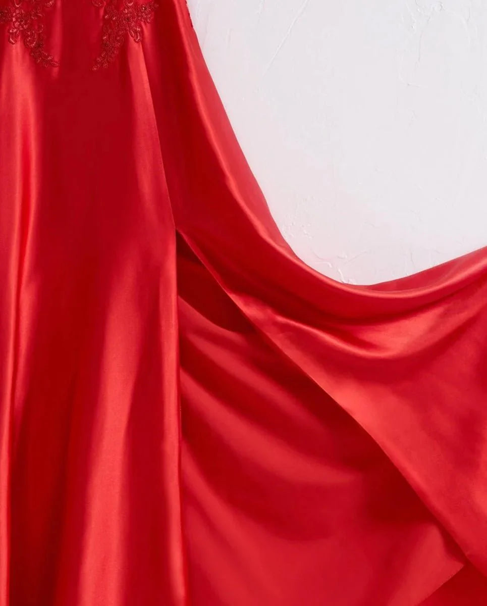 Luxurious Red Glossy Satin Spaghetti-Strap Deep V-Neck Embellished Lace Bodice Ruched Waist High-Slit Crisscross Lace-Up Back A-Line Silhouette Sweeping Train Evening Dress