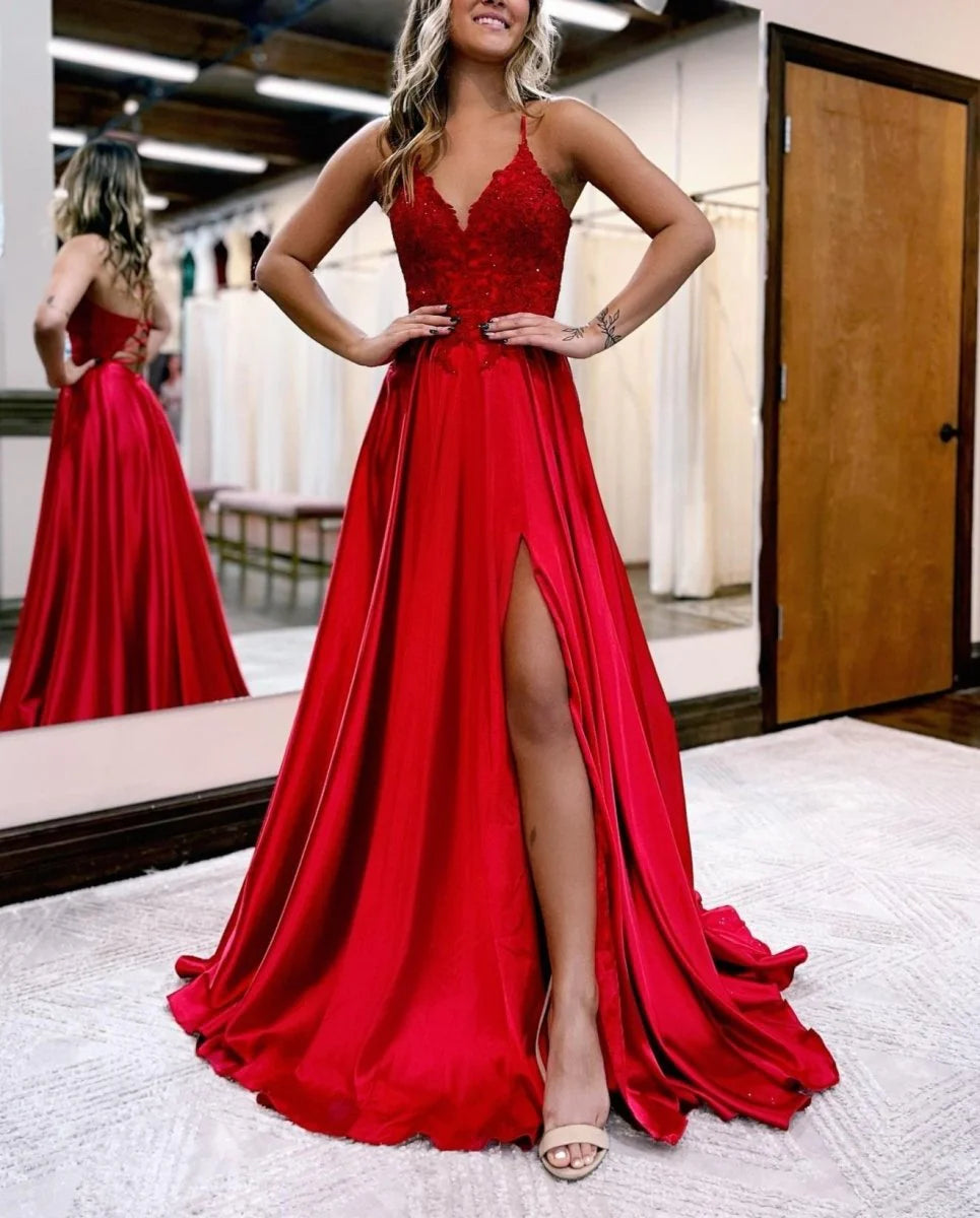Luxurious Red Glossy Satin Spaghetti-Strap Deep V-Neck Embellished Lace Bodice Ruched Waist High-Slit Crisscross Lace-Up Back A-Line Silhouette Sweeping Train Evening Dress