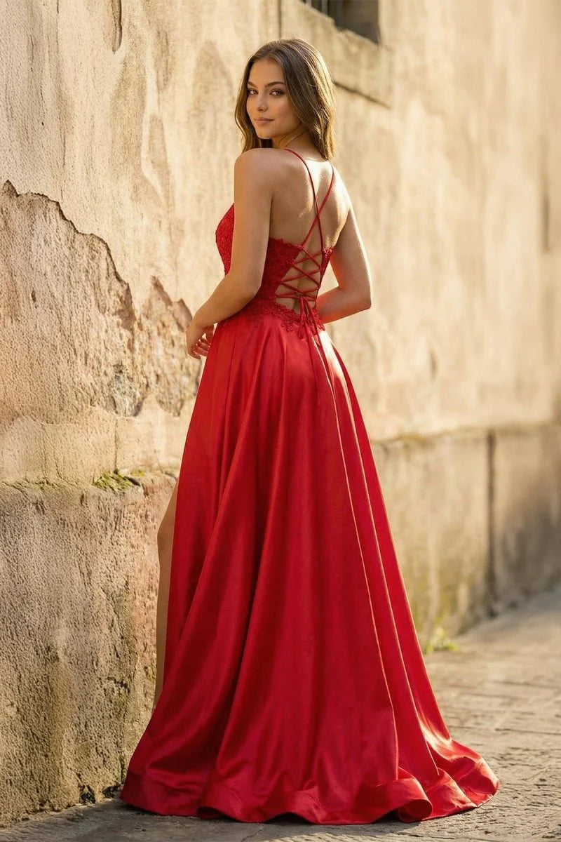 Luxurious Red Glossy Satin Spaghetti-Strap Deep V-Neck Embellished Lace Bodice Ruched Waist High-Slit Crisscross Lace-Up Back A-Line Silhouette Sweeping Train Evening Dress