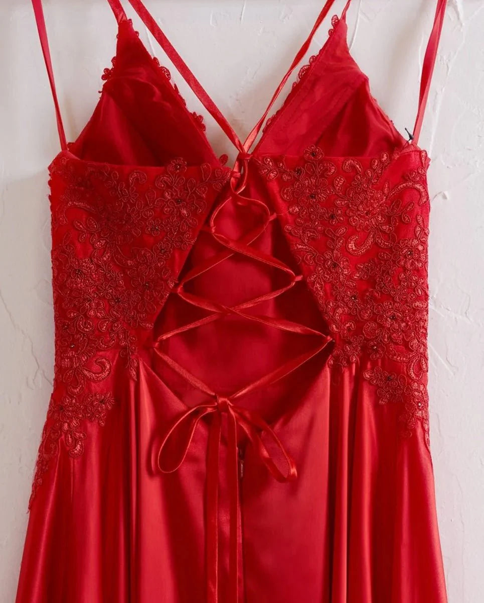 Luxurious Red Glossy Satin Spaghetti-Strap Deep V-Neck Embellished Lace Bodice Ruched Waist High-Slit Crisscross Lace-Up Back A-Line Silhouette Sweeping Train Evening Dress