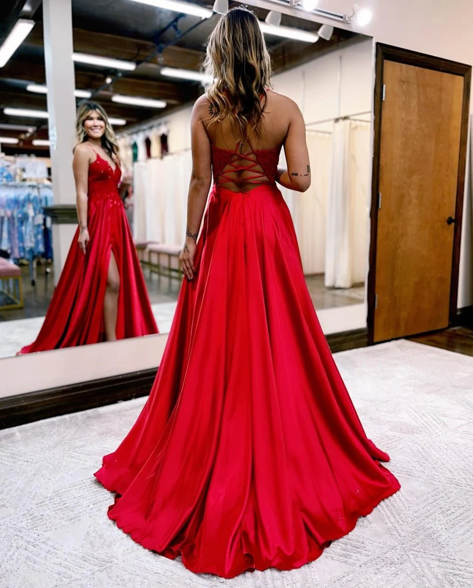 Luxurious Red Glossy Satin Spaghetti-Strap Deep V-Neck Embellished Lace Bodice Ruched Waist High-Slit Crisscross Lace-Up Back A-Line Silhouette Sweeping Train Evening Dress