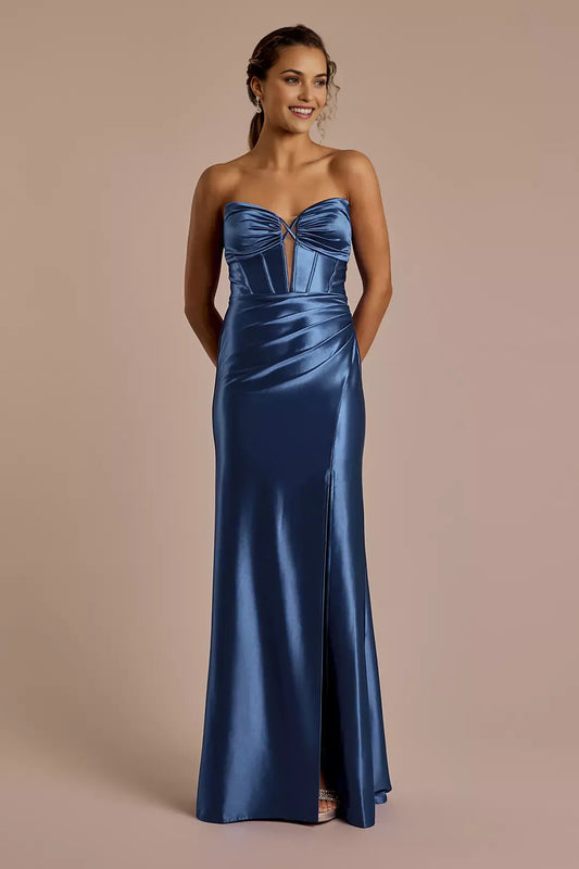 Luxurious Satin Sheath Strapless Sleeveless Back Zip Floor-Length Prom Dresses With Side Leg Slit female guests hot sale