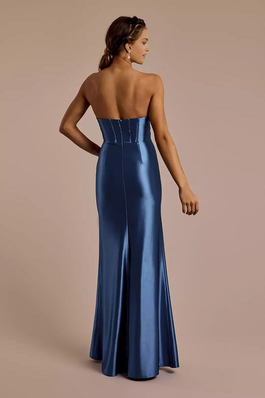 Luxurious Satin Sheath Strapless Sleeveless Back Zip Floor-Length Prom Dresses With Side Leg Slit female guests hot sale