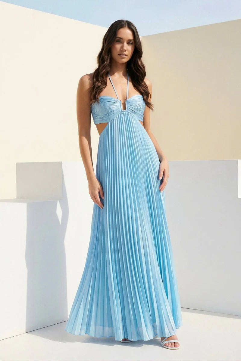 Luxurious Sky Blue Lightweight Pleated Chiffon Halter Deep V-Neck Ruched Bodice Keyhole Front Side Cut-Outs Crisscross Tie Back Flowy Maxi Silhouette Floor-Length Evening Dress