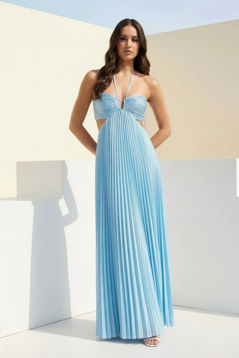 Luxurious Sky Blue Lightweight Pleated Chiffon Halter Deep V-Neck Ruched Bodice Keyhole Front Side Cut-Outs Crisscross Tie Back Flowy Maxi Silhouette Floor-Length Evening Dress