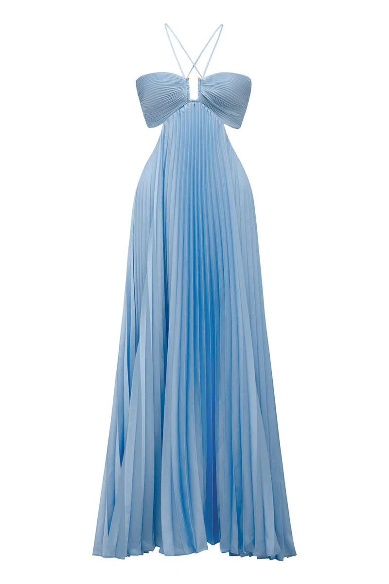 Luxurious Sky Blue Lightweight Pleated Chiffon Halter Deep V-Neck Ruched Bodice Keyhole Front Side Cut-Outs Crisscross Tie Back Flowy Maxi Silhouette Floor-Length Evening Dress