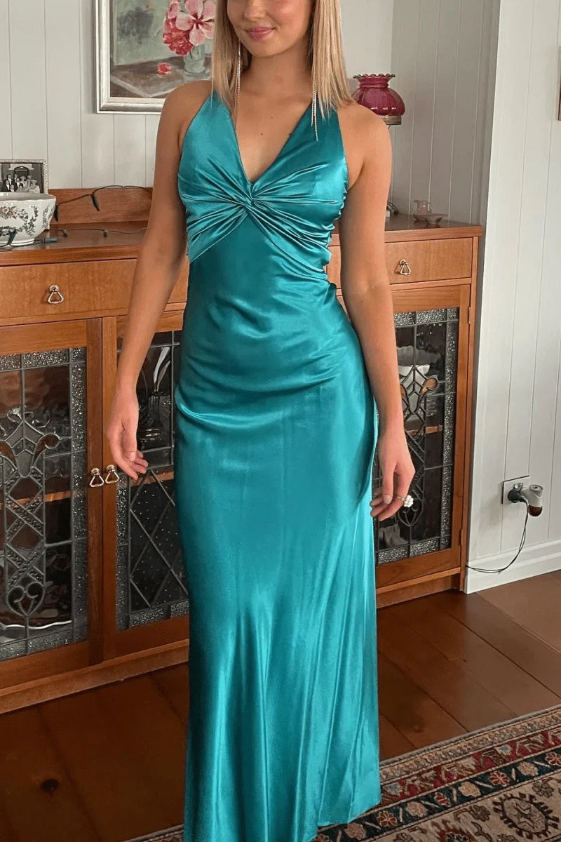 Luxurious Teal Glossy Satin Halter V-Neck Twisted Knot Bodice Crisscross Strappy Open Back Large Satin Bow Detail Figure-Hugging Mermaid Silhouette Floor-Length Evening Dress