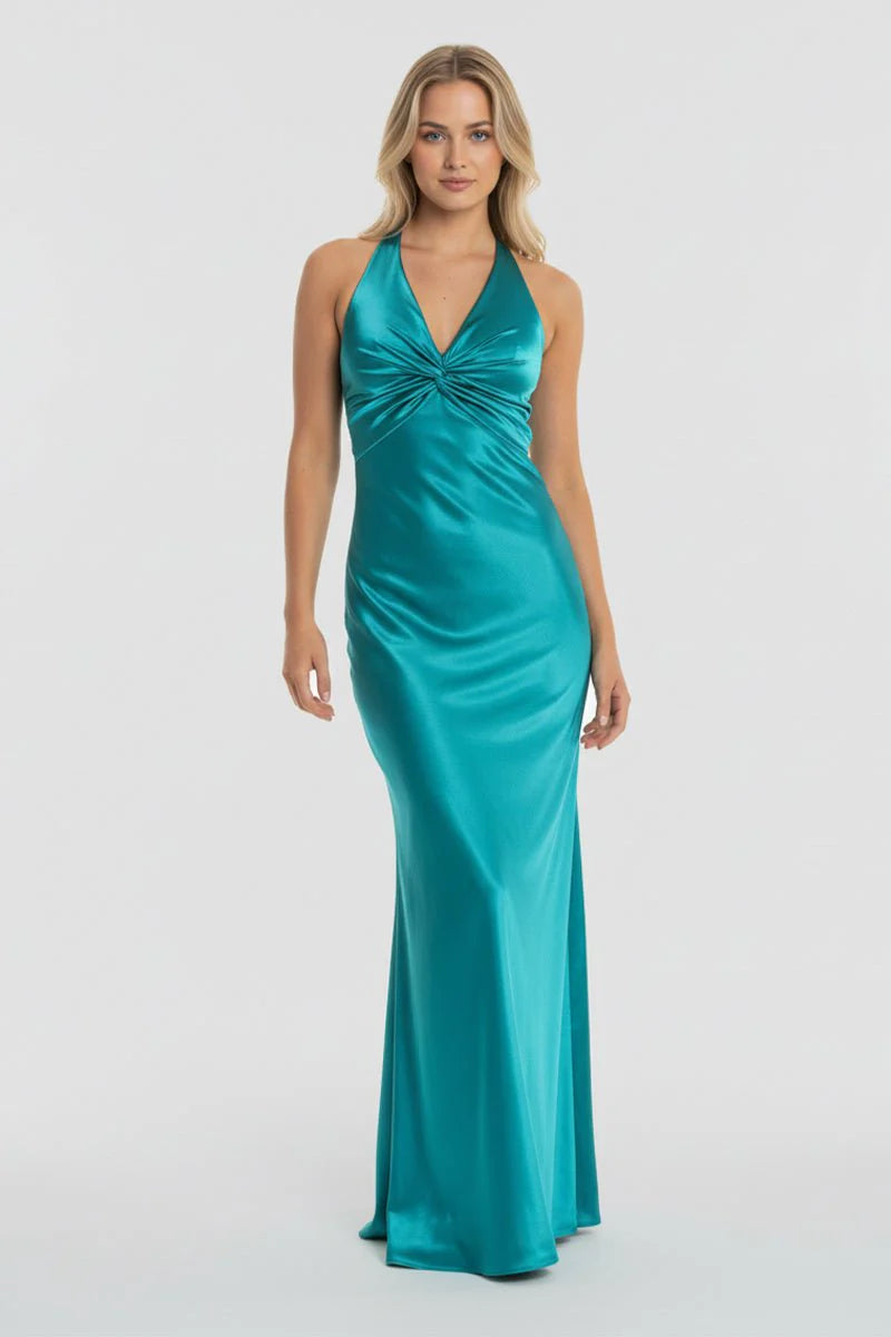 Luxurious Teal Glossy Satin Halter V-Neck Twisted Knot Bodice Crisscross Strappy Open Back Large Satin Bow Detail Figure-Hugging Mermaid Silhouette Floor-Length Evening Dress